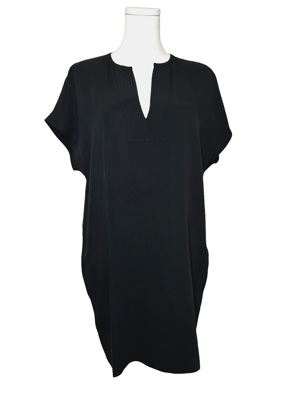 Vince 100% Silk V Neck Short Sleeve Tunic Mini Dress Black Small Pockets